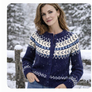 Vtge Handknit Blue White Sweater Fair Isle Chunky Cardigan 100% Wool Sz L*READ